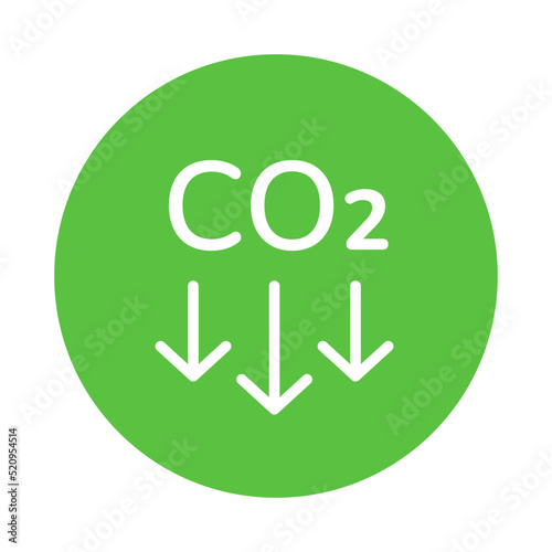 CO2 emission reduction icon green round label. CO2 text with down looking arrows white linear emblem. Zero carbon footprint, greenhouse gas emission reduction, co2 neutral concept. Stop global warming