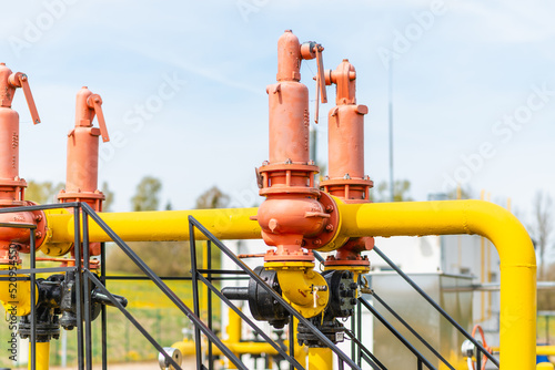 Valves at gas plant,pressure safety valve,selective focus.Background for business.Selective focus.