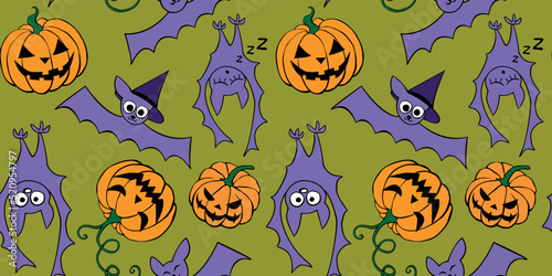 Vector seamless pattern with pumpkins, Jack o lantern, witch shifters and cute bats. Color bright Halloween texture in cartoon, flat, doodle style