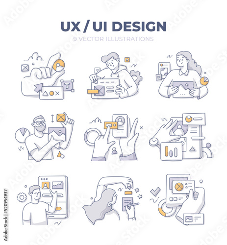 Creating interfaces for better user experience. Website and application development and optimization. Set of doodle vector illustrations with characters to visualize business ideas and concepts