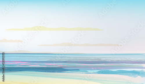 Sunset  sea view  minimalist background in calm blue colours . Vector illustration  concept for card  banner  poster  flyer  print.