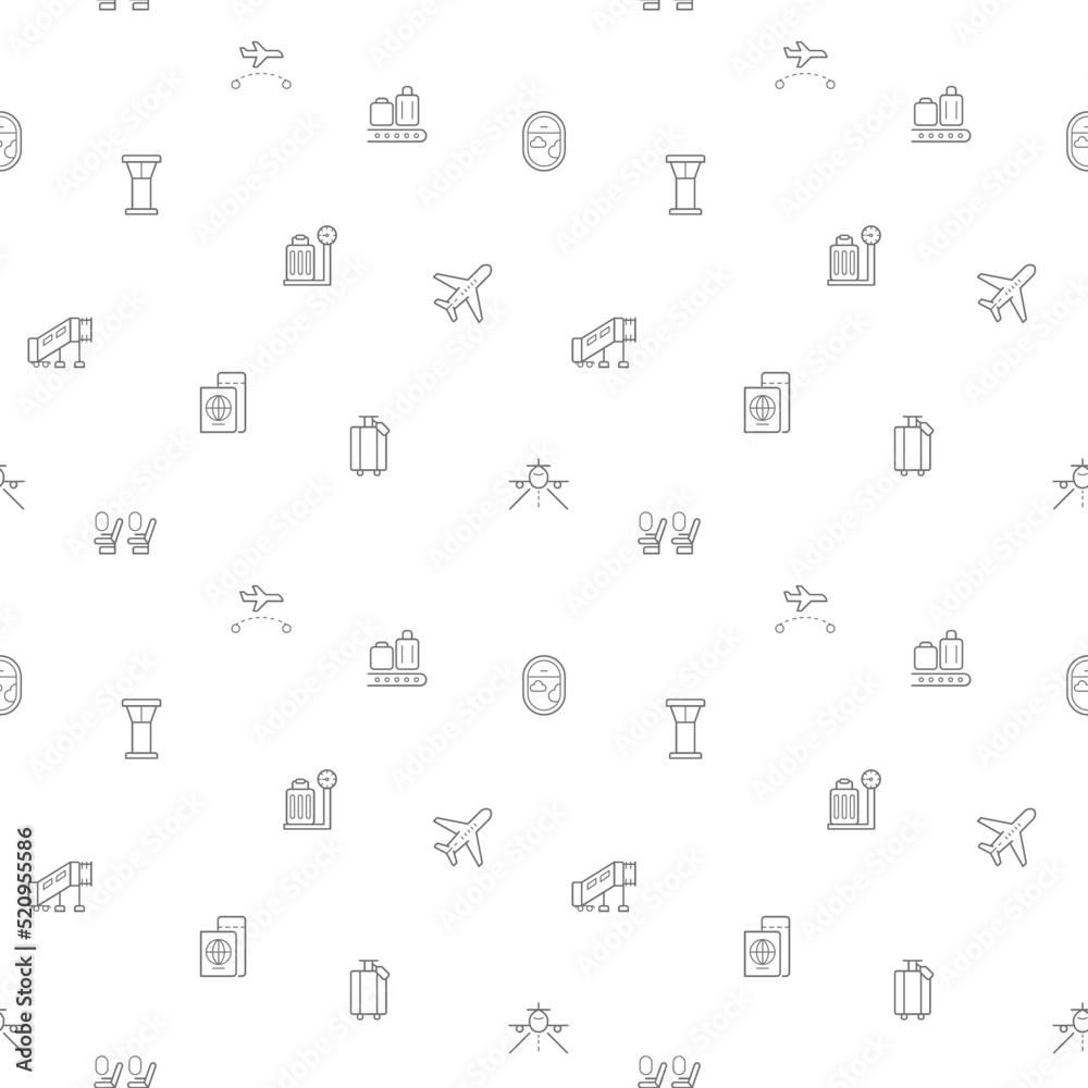 Vector monochrome seamless pattern airport, flight, runway, tower, landing, travel, baggage, arrival, tourism background on white backdrop. Repeat abstract texture. Vector monochrome seamless pattern airport, flight, runway, tower, landing, travel, baggage, arrival, tourism background on white backdrop. Repeat abstract texture.
