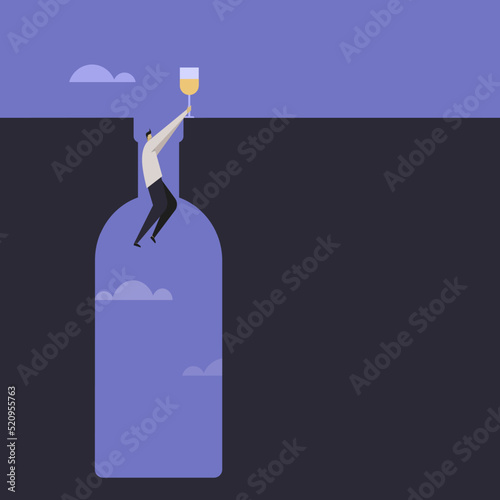 Conceptual illustration of a man  hanging on the edge of a bottle shaped hole. Concept for alcohol addiction