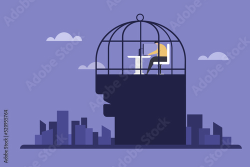 Conceptual illustration of a man working in a cage structure inside his brain.