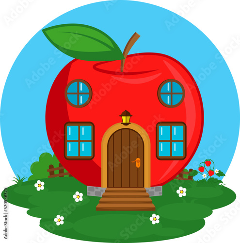 Fabulous apple house on the meadow. Vector illustration of the house of small creatures.