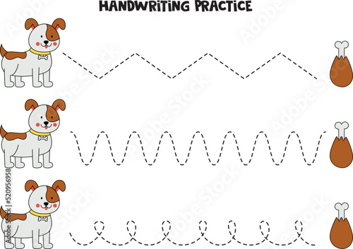 Tracing lines for kids. Cute dog and bone. Writing practice.