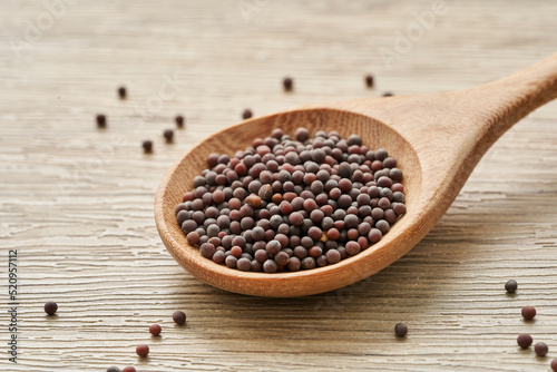 black mustard seed in wood spoon on wooden table background                                                                             