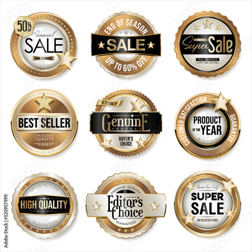 Collection of golden badges and labels