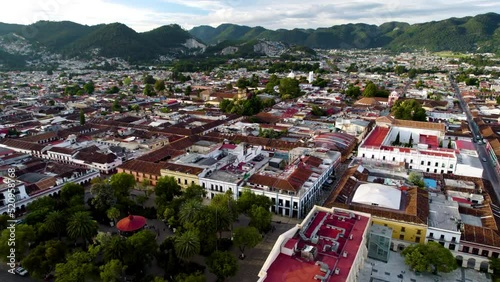 drone shot touring the main square and the town of san cristobal de las casa in chiapas, mexico photo