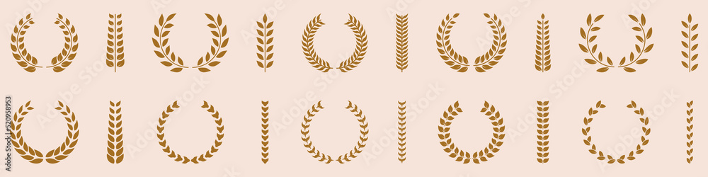 Gold Chaplet Winner Reward Silhouette Icon Set. Golden Laurel Wreath Round Olive Branch Pictogram. Glory Foliate Twig Circle Award Emblem Achievement. Isolated Vector Illustration Gold Chaplet Winner Reward Silhouette Icon Set. Golden Laurel Wreath Round Olive Branch Pictogram. Glory Foliate Twig Circle Award Emblem Achievement. Isolated Vector Illustration