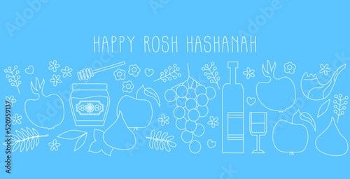Rosh Hashanah. Vector illustration. Jewish new year greeting card banner with traditional icons. Happy New Year, Shana Tova. Apple, honey, flowers and leaves, Jewish New Year symbols and icons