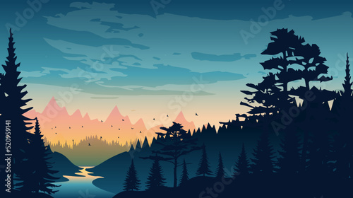 Beautiful landscape with forest, mountains, and sunset in vector format. Trendy illustration for postcards, wallpaper, banners. Panorama view of wild nature. Hand drawn enviroment.