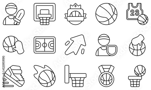 Set of Vector Icons Related to Basketball. Contains such Icons as Attack, Backboard, Badge, Ball, Basketball, Block and more.