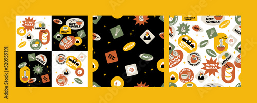 Vector set of retro fast food stickers for Asian cafe. Colorful patch badges with Japanese food. Seamless pattern.