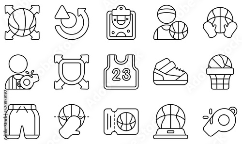 Set of Vector Icons Related to Basketball. Contains such Icons as Pass, Plan, Player, Rebound, Referee, Shirt and more.