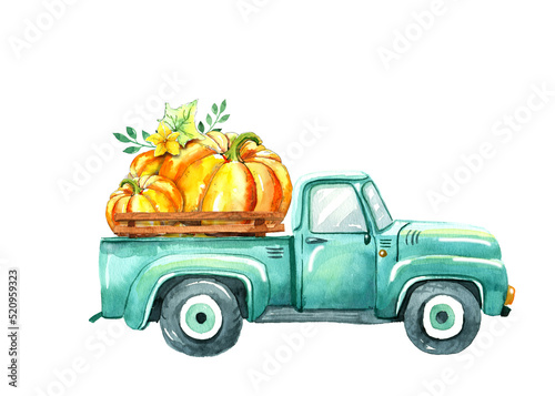 Vintage watercolor turquoise truck. Autumn farm illustration of old retro car with pumpkins and leaves decor.