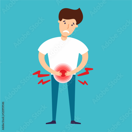 A man with acute pain in the bladder. Vector illustration of diseases prostatitis, cystitis.