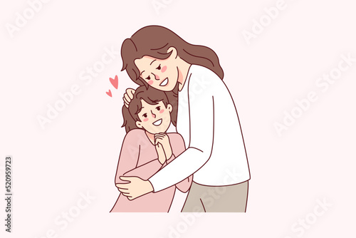 Happy mother hugging small daughter show love and care. Smiling young mom cuddle embrace little girl child. Motherhood and parenthood. Vector illustration. 