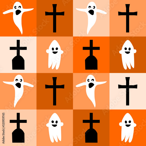 Halloween background with ghost, grave, tomb, cross. Orange tone box background. Colorful picture. Greeting, invitation card or flyer. Game backdrop. Vector illustration. Halloween and autumn.