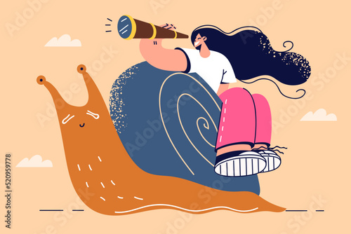 Happy woman sitting on snail fail in race