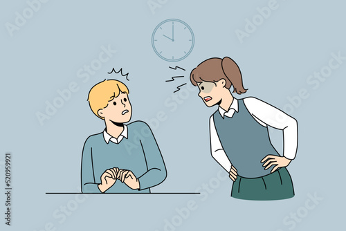 Girl child screaming yelling at classmate. Concept of bullying or harassment at school. Furious kid shout at mate at lesson. Vector illustration. 