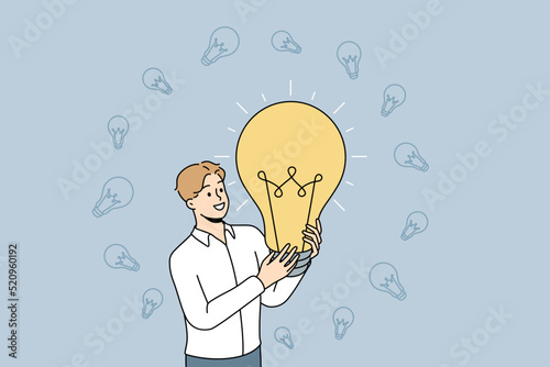 Happy businessman holding lightbulb excited about creative business idea. Smiling man employee generate innovative project. Innovation concept. Vector illustration. 