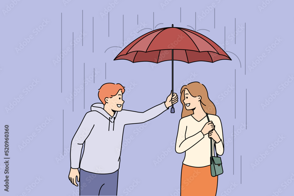 Caring young man sharing umbrella with pretty woman outdoors. Smiling male gentlemen protect female from rain outside. Vector illustration.  - obrazy, fototapety, plakaty 