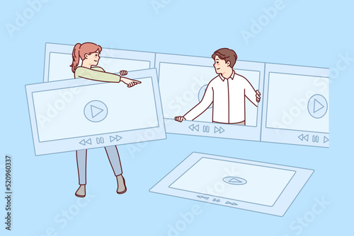 People editing video file together. Team of editors creating movie with huge shots. Teamwork and filmmaking. Vector illustration. 