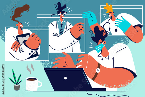 Smiling doctor have video call with colleagues 