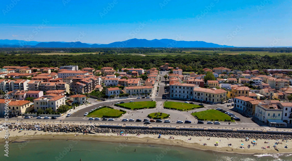 Amazing aerial view of Marina di Pisa coastline, Tuscany