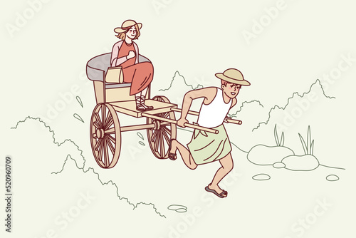 Man pulling rickshaw with woman sitting. Guy with wheeled cart riding female client outdoors. Vector illustration. 