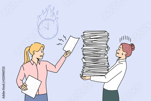 Businesswoman give more work to stressed female employee with stack of papers. Office manager overwhelmed with paperwork. Burnout and fatigue. Vector illustration. 