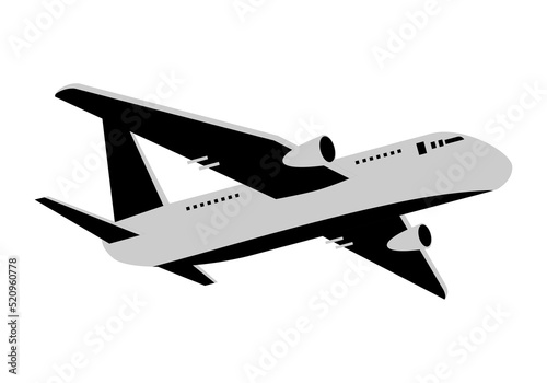 Gray and black airplane travel flying on white background sticker icon flat vector design.