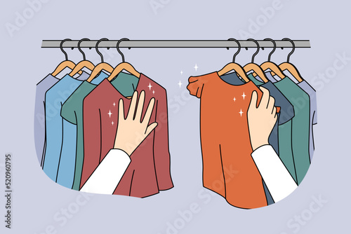 Person choosing clothes on hangers in shop. Client or customer renew wardrobe buying garment in boutique. Shopping and consumerism. Vector illustration. 