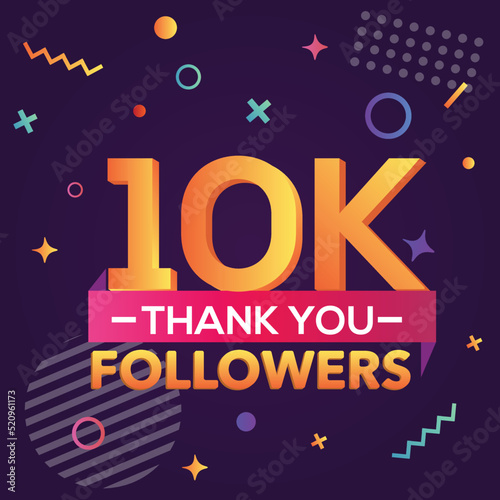 Thank you 10000 followers, thanks banner.First 10K follower congratulation card with geometric figures, lines, squares, circles for Social Networks.Web blogger celebrate a large number of subscribers.