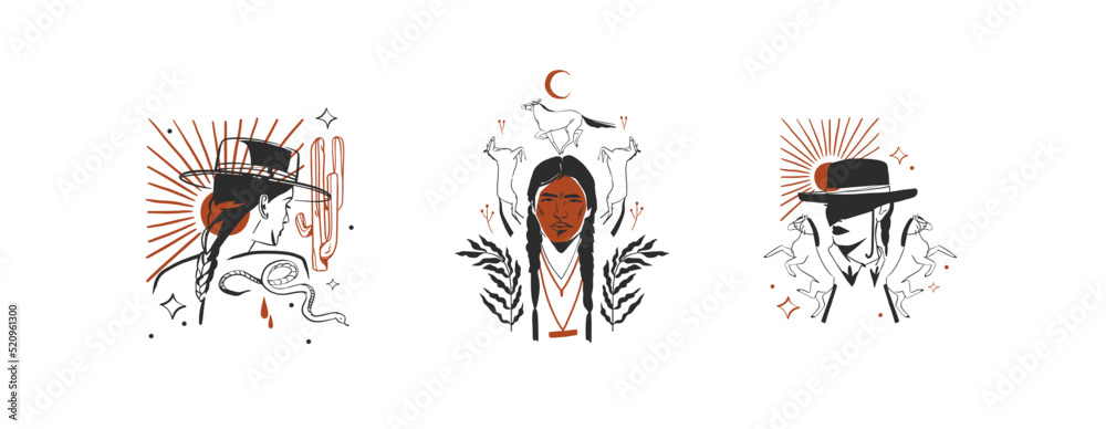 Fototapeta premium Hand drawn abstract vector graphic clipart illustrations logo set compositions.Wild Western design concept.Bohemian wild west contemporary art.Cowboy modern line art drawing.American cowgirl logo.