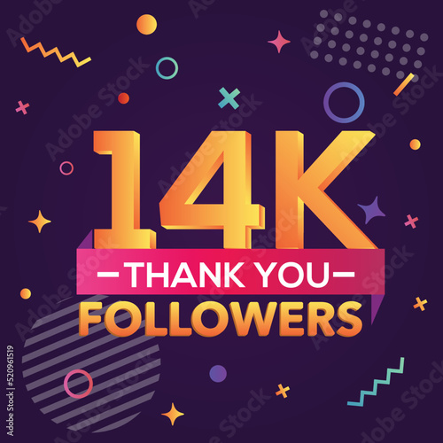 Thank you 14000 followers, thanks banner.First 14K follower congratulation card with geometric figures, lines, squares, circles for Social Networks.Web blogger celebrate a large number of subscribers.