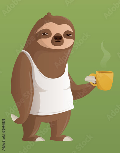 lazy funny sloth holding a cup of coffee, wearing a white T-shirt. Sleepy sloth, procrastination, bored, apathy, isolated.