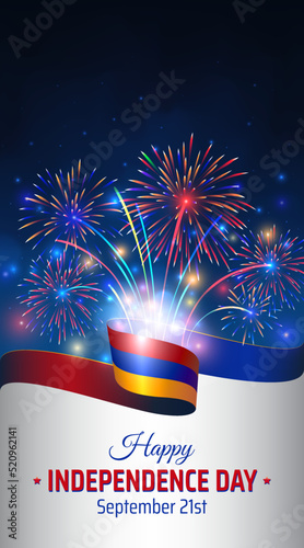 September 21, armenia independence day, vector template with armenian flag and colorful fireworks on blue night sky background. Armenia national holiday september 21st. Independence day card