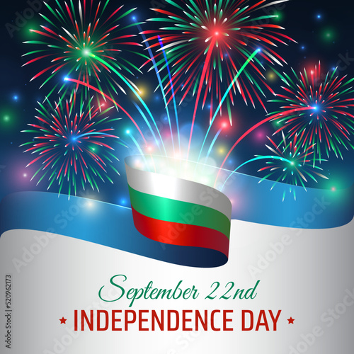 September 22, bulgaria independence day, vector template with bulgarian flag and colorful fireworks on blue night sky background. Bulgaria national holiday september 22nd. Independence day card
