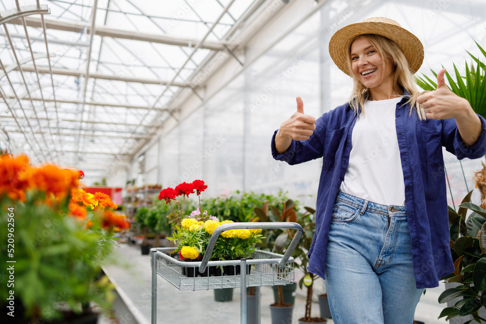 Pretty woman in garden center or greenhouse with shopping cart showing thumbs up rejoicing at purchased flowers Pretty woman in garden center or greenhouse with shopping cart showing thumbs up rejoicing at purchased flowers
