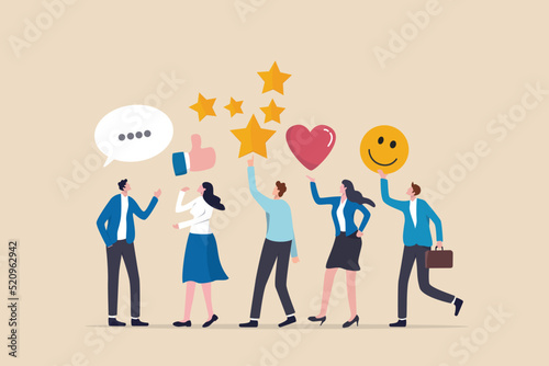 Customer feedback  user experience or client satisfaction  opinion for product and services  review rating or evaluation concept  young adult people giving emoticon feedback such as stars  thumbs up.