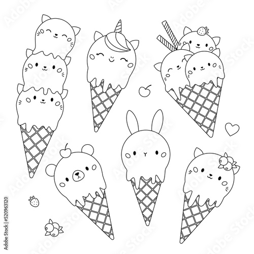 Kawaii coloring page with cute ice cream in waffle cone. Animal shaped different ice cream balls. Cartoon food dessert bakery product. Vector illustration for coloring book.