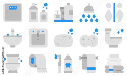 Set of Vector Icons Related to Bathroom. Contains such Icons as Scale, Shampoo, Shower, Sink, Soap, Toilet and more.