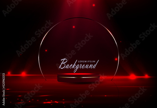 Dark red design with bright beams of light on a round stage