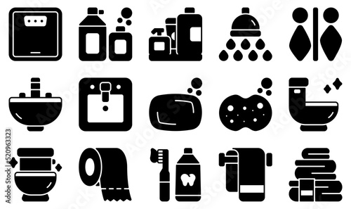 Set of Vector Icons Related to Bathroom. Contains such Icons as Scale, Shampoo, Shower, Sink, Soap, Toilet and more.