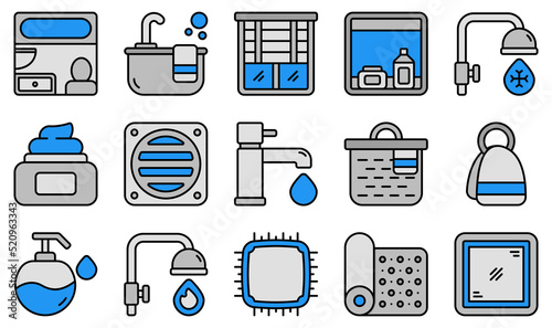 Set of Vector Icons Related to Bathroom. Contains such Icons as Bathroom, Bathtub, Blinds, Cabinet, Basketball, Cold Water and more.