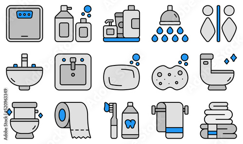 Set of Vector Icons Related to Bathroom. Contains such Icons as Scale, Shampoo, Shower, Sink, Soap, Toilet and more.