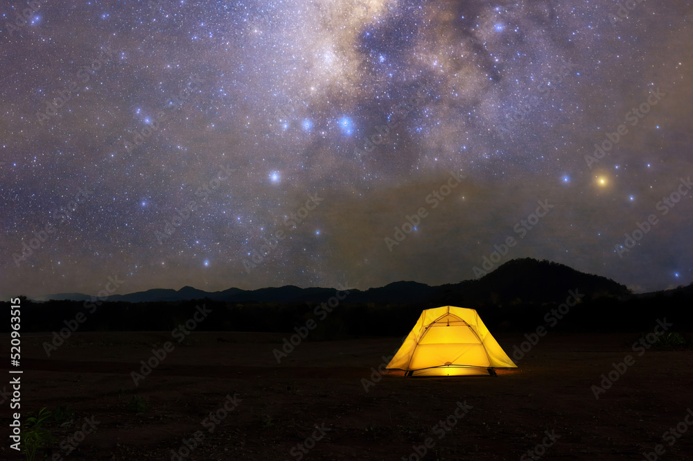Yellow tent under Milky Way Galaxy Lampang Thailand, Universe galaxy milky way time lapse, dark milky way, galaxy view, star lines, timelapse night sky stars on sky background.