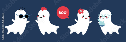 Set, collection of cute cartoon style ghosts for Halloween design. Kids, children Halloween icons.